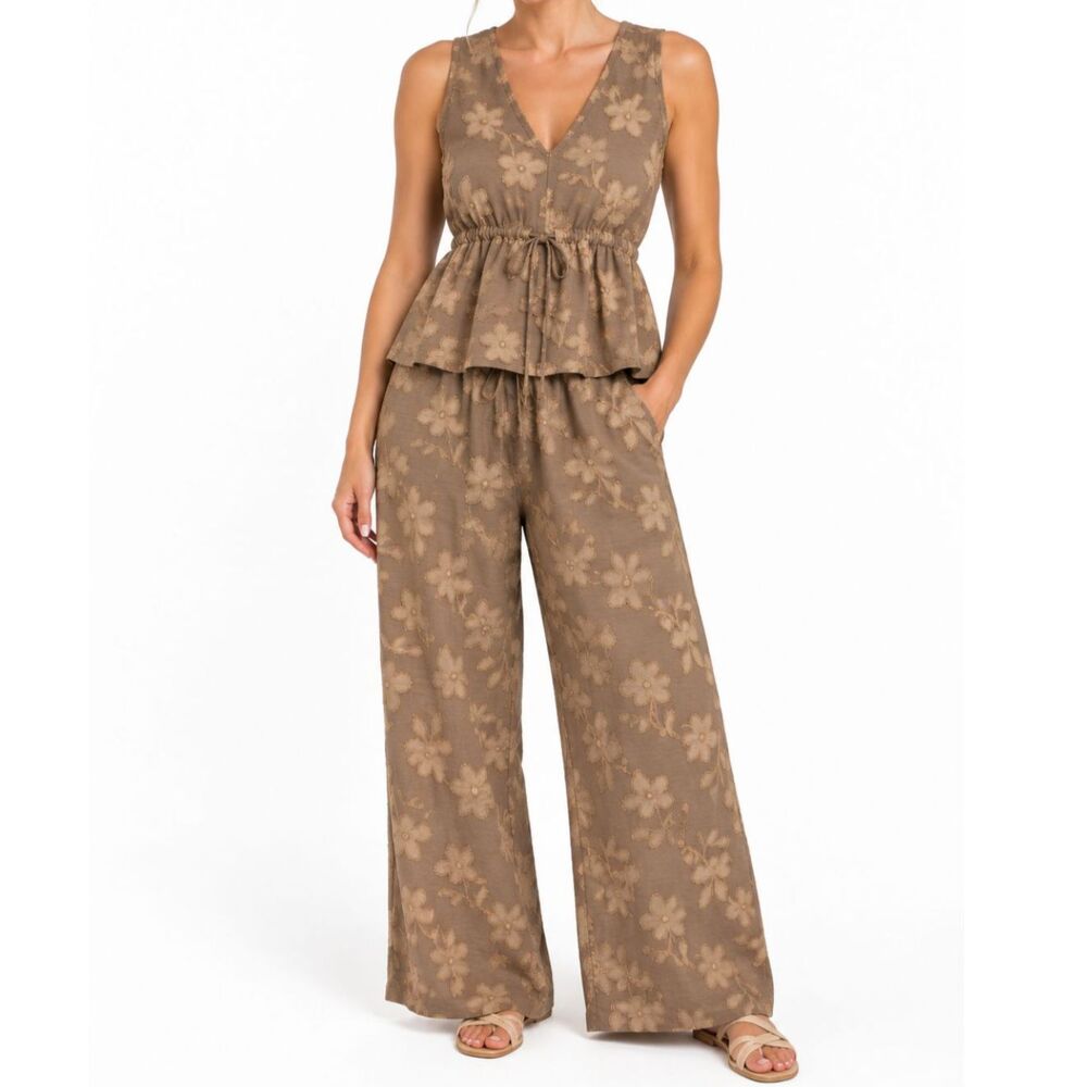 Rene Ricci Women's M 2 Piece Set Brown Floral Sleeveless Top Wide Leg Pants